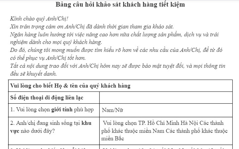 Phiếu khảo sát khách hàng