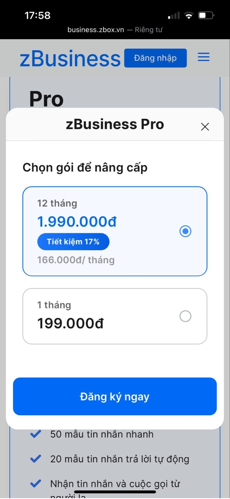 Chọn gói Zalo Business phù hợp