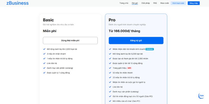 Chọn gói Zalo Business sử dụng