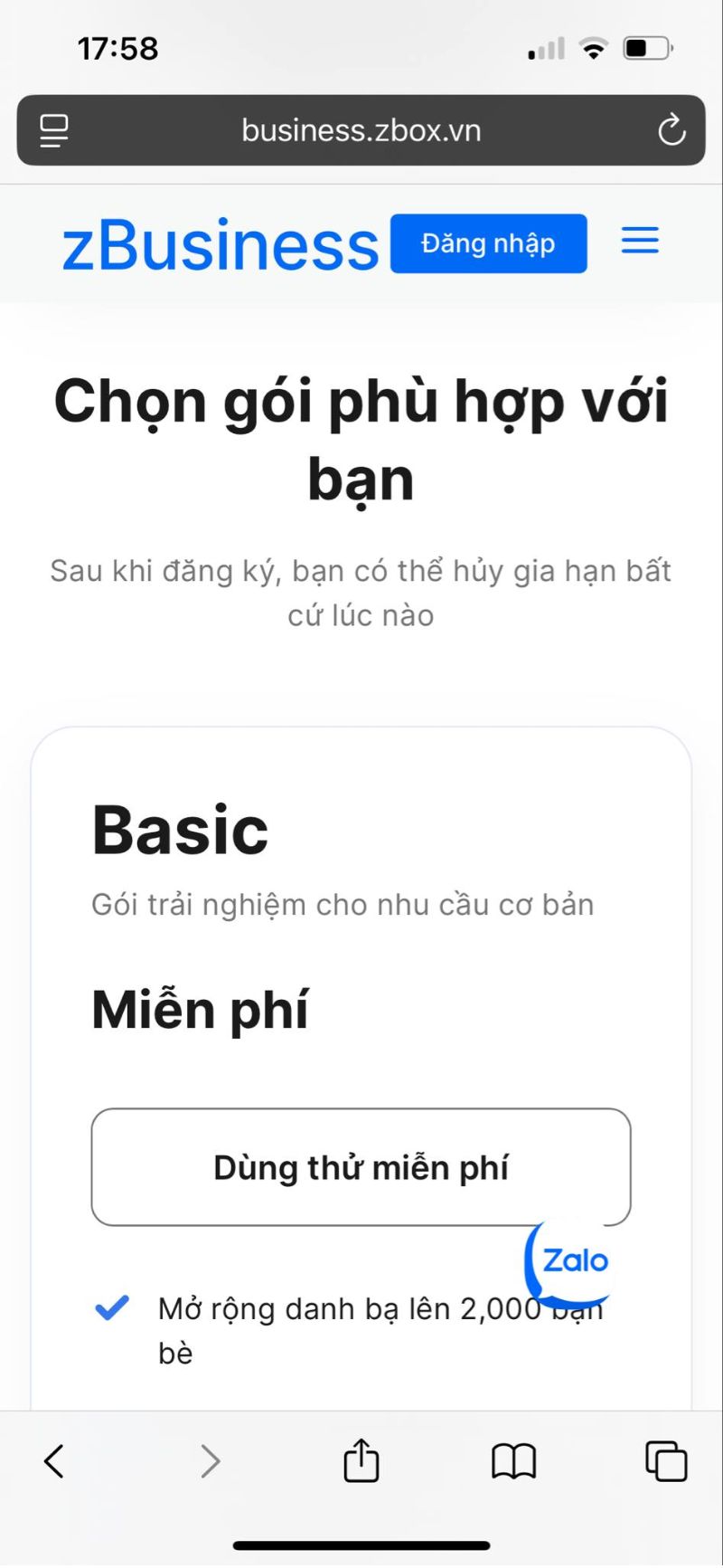 Xuất hiện màn hình lựa chọn gói tài khoản Zalo Business